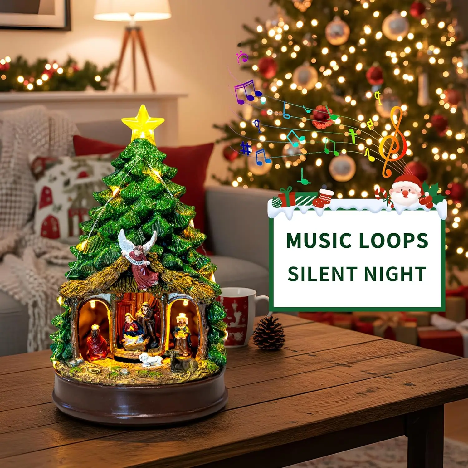 Rotating Nativity Scene Christmas Tree with LED Lights, Music, and Angel Figurines for Tabletop Decor