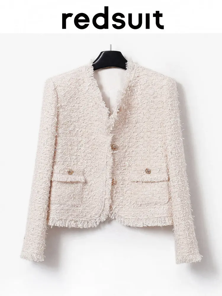New Gentle beige pink tweed coat fashionable versatile top Custom Sizes