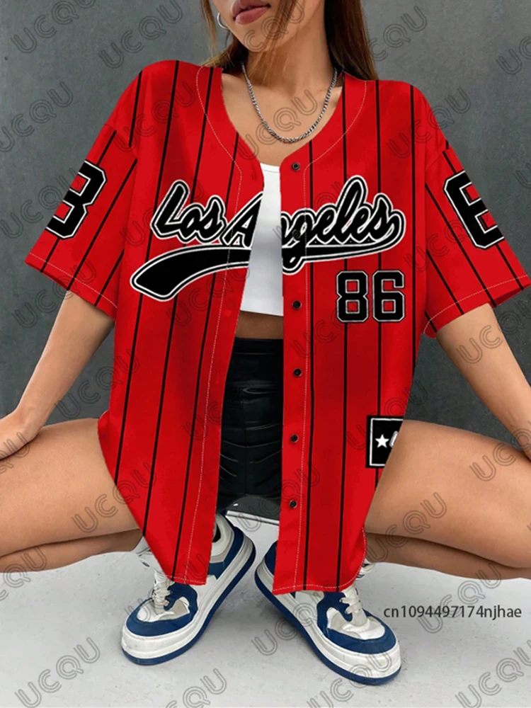 Summer New Red Los Angeles 86 Stripe Printed Streetwear Baseball Shirt For Women Men Hip Hop Blouse Short Sleeve Button Up Tops