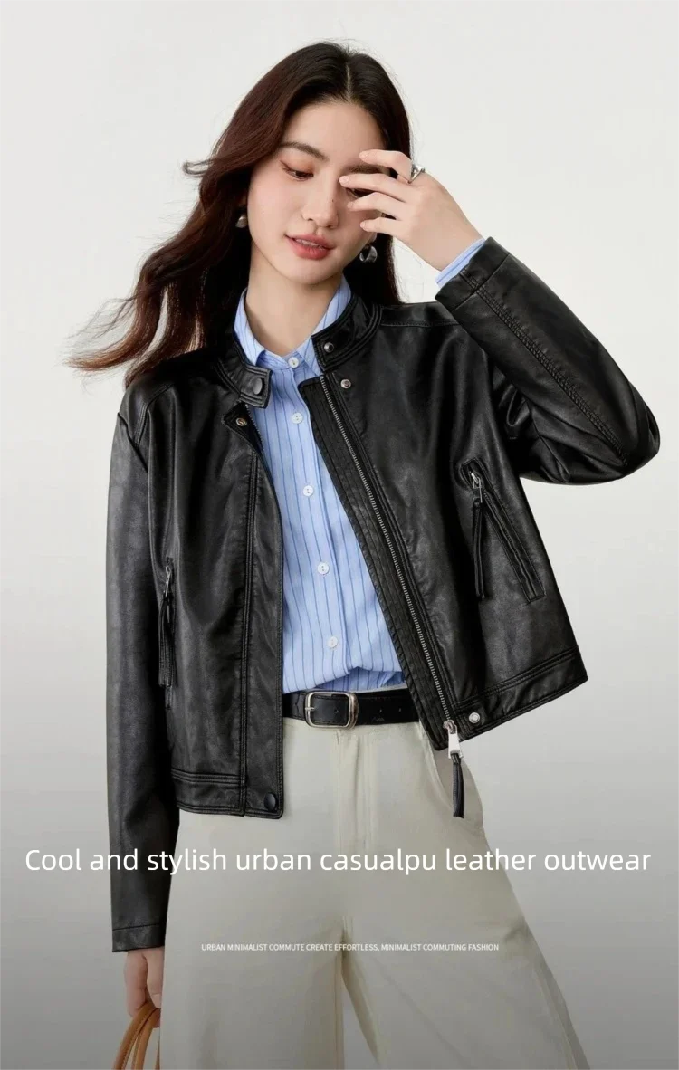 SENTUBILA Damen Kunstlederjacken 2026 Herbst Neue Einfarbige Reißverschluss-Stehkragenjacke Lässiger Einfacher Langarmmantel W53GA3325 – Detail 2