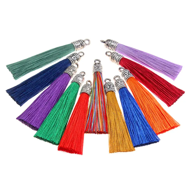 15Pcs/Pack 55mm Long Silk Tassel Brush With Metal Caps For Earrings Tassel Charms Pendant Fit DIY Jewelry Making Hat Material