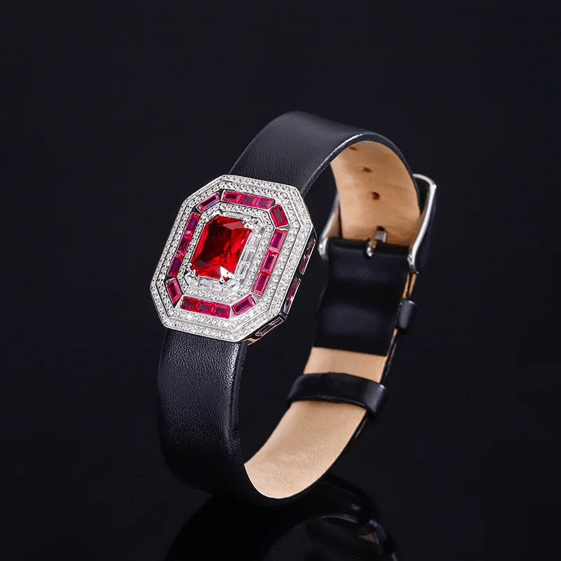 KQDANCE 925 Sterling Silver With Rectangle 8*10mm Lab Blue Sapphire Gem Red Ruby Diamond Leather Bracelet Women Fine Jewelry