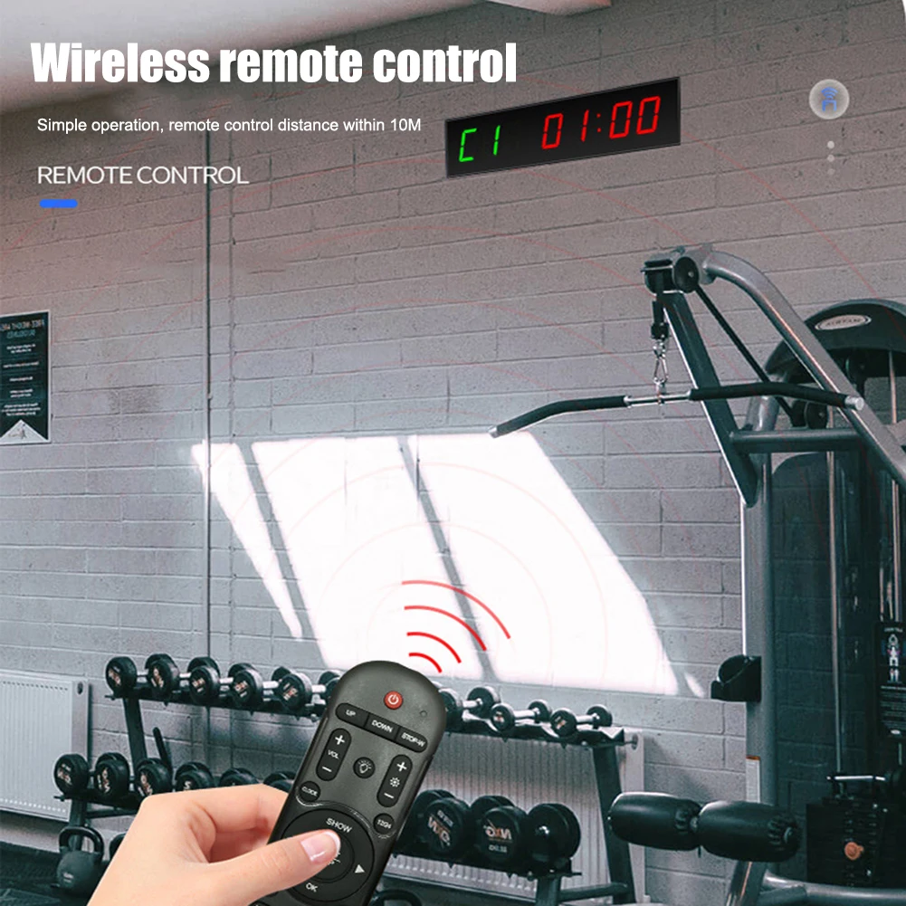 Temporizador de intervalo LED, cuenta atrás Digital montada en la pared, Control remoto inalámbrico, aleación de aluminio con gancho adhesivo para ejercicio físico