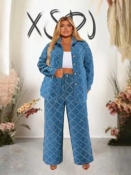 レディースデニムチェック柄コート & パンツセット,ジーンズ & ジャケット,長袖スーツ,ラージサイズ,カジュアル,冬服,2枚