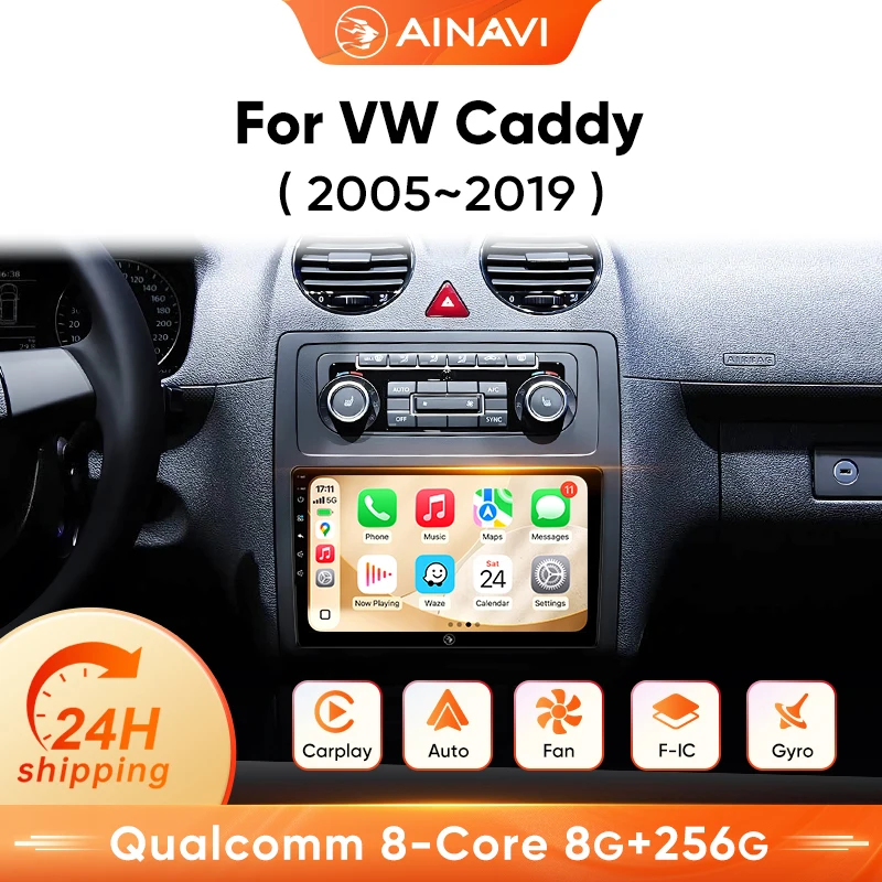 Autoradio Ainavi per Volkswagen VW Caddy 2005-2019, con Carplay wireless, Android Auto, lettore multimediale per auto 4G, SWC, BT5.0, schermo HD IPS, HDMI, DSP, FM, AM, RDS, navigazione GPS.