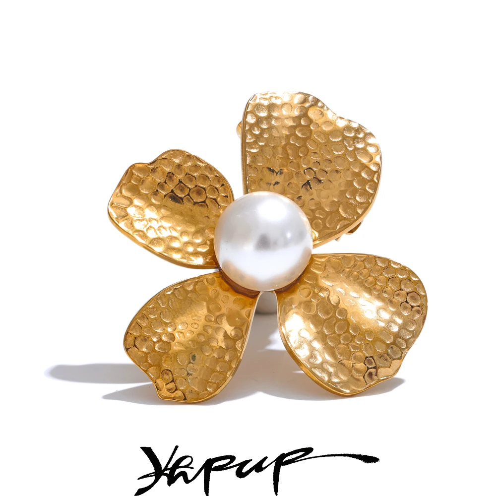 Yhpup Metal Flower Simulated Pearls Brooch Pin for Women Stainless Steel Clothing Accessories Popular Brooches 2024 Wholesale