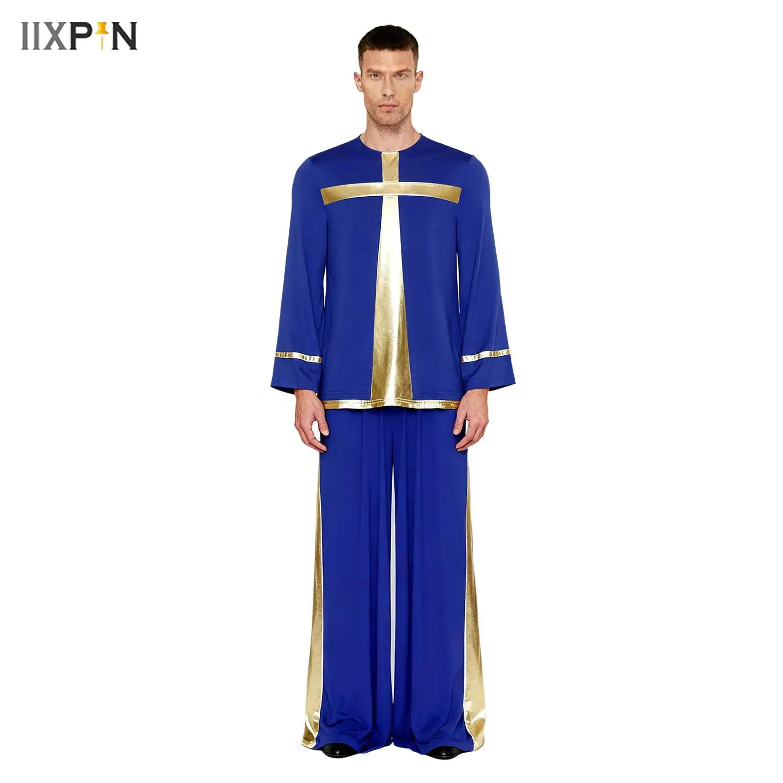 Traje de baile de adoración de alabanza litúrgica para hombre, jersey de manga larga, camisa tipo túnica, pantalones de pierna ancha, conjunto para actuación de coro de iglesia