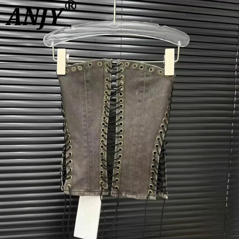 ANJY Summer New Women's Tide Y2K Chic Adjustable Hollow Out Leather Strapless Vest Dark Punk Sexy Vintage Zipper Tank Tops A7165