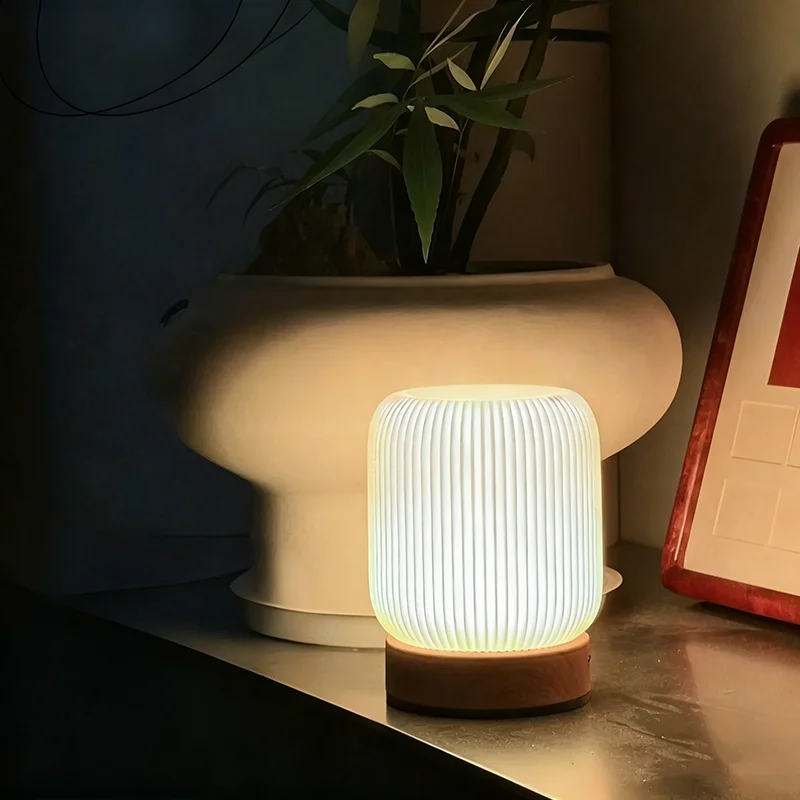 Wood Grain Touch Night Light Portable Table Lamp Wireless Rechargeable Bedside Lamp Bedroom Living Room Home Atmosphere Decor