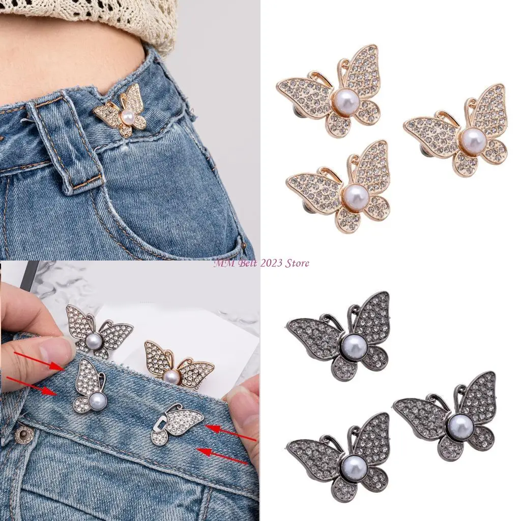 

49ME Rhinestones Butterfly Waist Tightener Fitness Pin for Loose Pants Jeans Set of 3