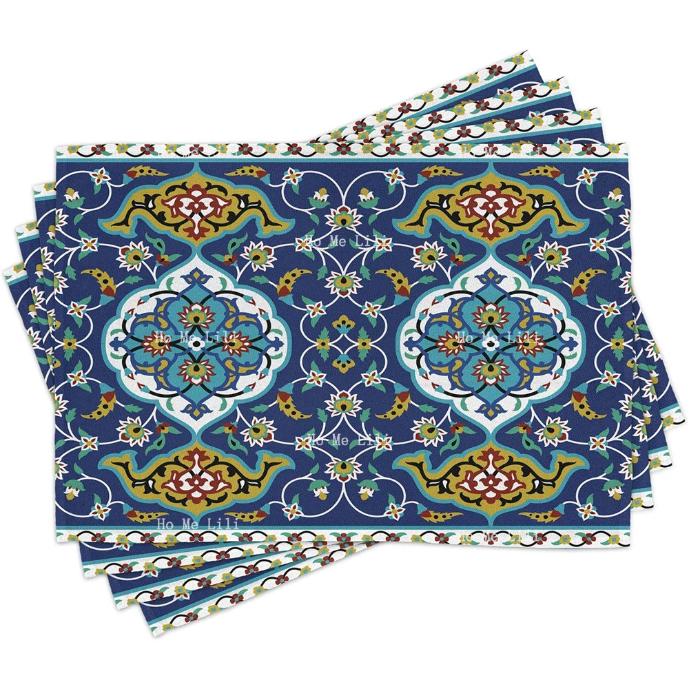 Moroccan Oriental Motif With Vintage Byzantine Style Tile Effects Art Washable Fabric Placemats For Dining Table