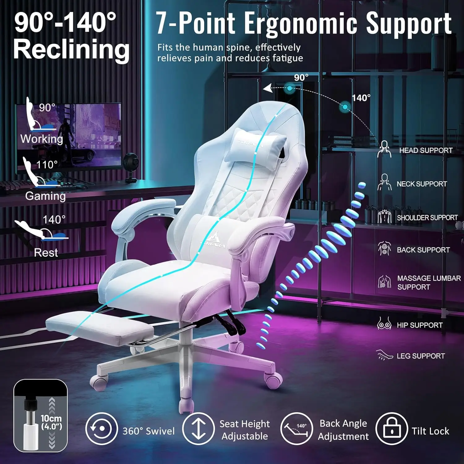 White Ergonomic Gaming Chair with Footrest, Reclining Leather Computer Desk Chair with Lumbar Support view 6