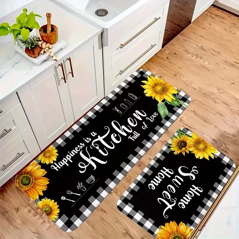 Sunflower Black White Gingham Non Skid Runner Rug for Kitchen Entryway Door Mat Living Room Hallway Sweet Home Soft Floor Mat