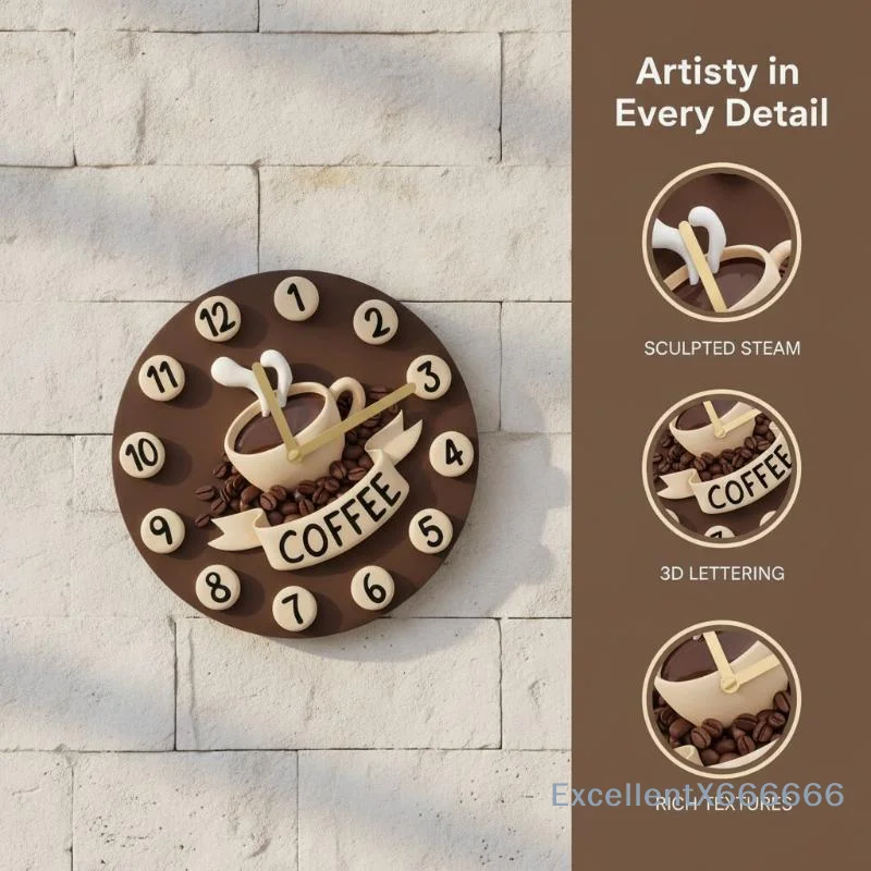 2D Coffee Cup Themed Wooden Wall Clock Round Hanging Sign Minimalist Wall Decor for Kitchen Office