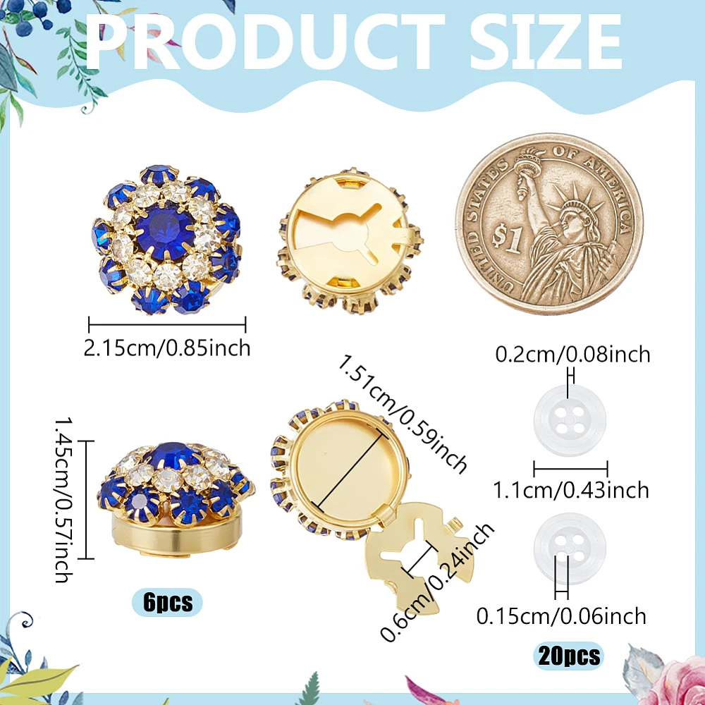 6Pcs Button Covers for Women Rhinestone Detachable Cover with 20 Pcs 4-Hole Sewing Buttons Flower Sleeve Decorative Button Clips
