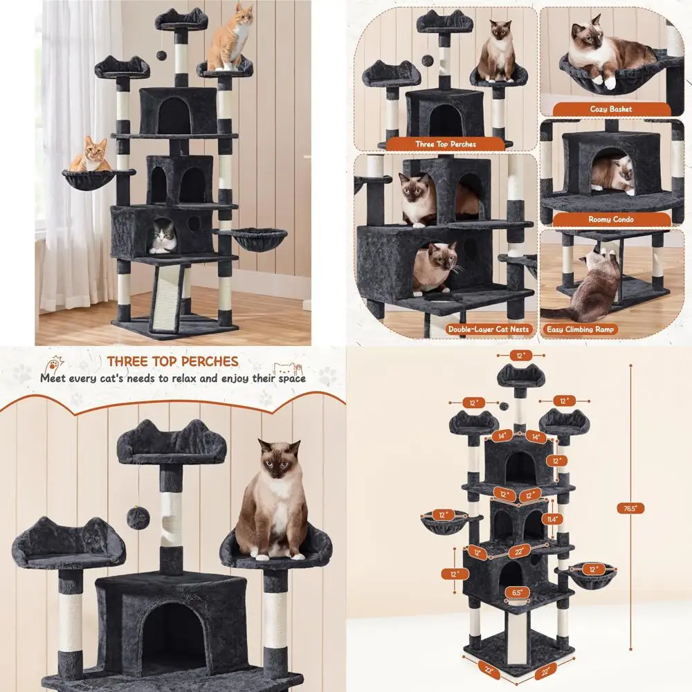 

Альпинистский центр Yaheetech Grand Feline, высота 76,5 дюймов с несколькими уровнями, с 3 закрытыми зонами отдыха, 9 царапин