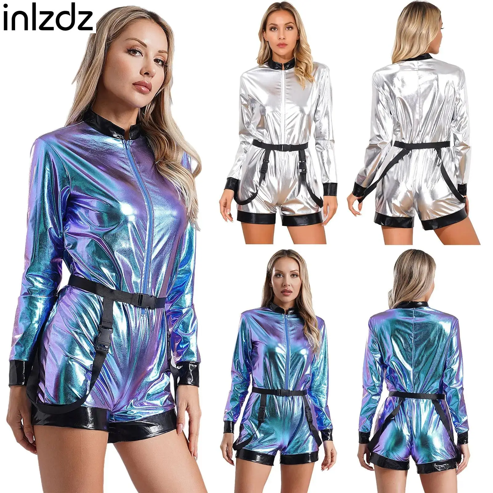

Womens Halloween Metallic Shiny Astronaut Cosplay Cotume Set Boyshorts Jumpsuit with Belt Outfits for Carnival Party Clubwear