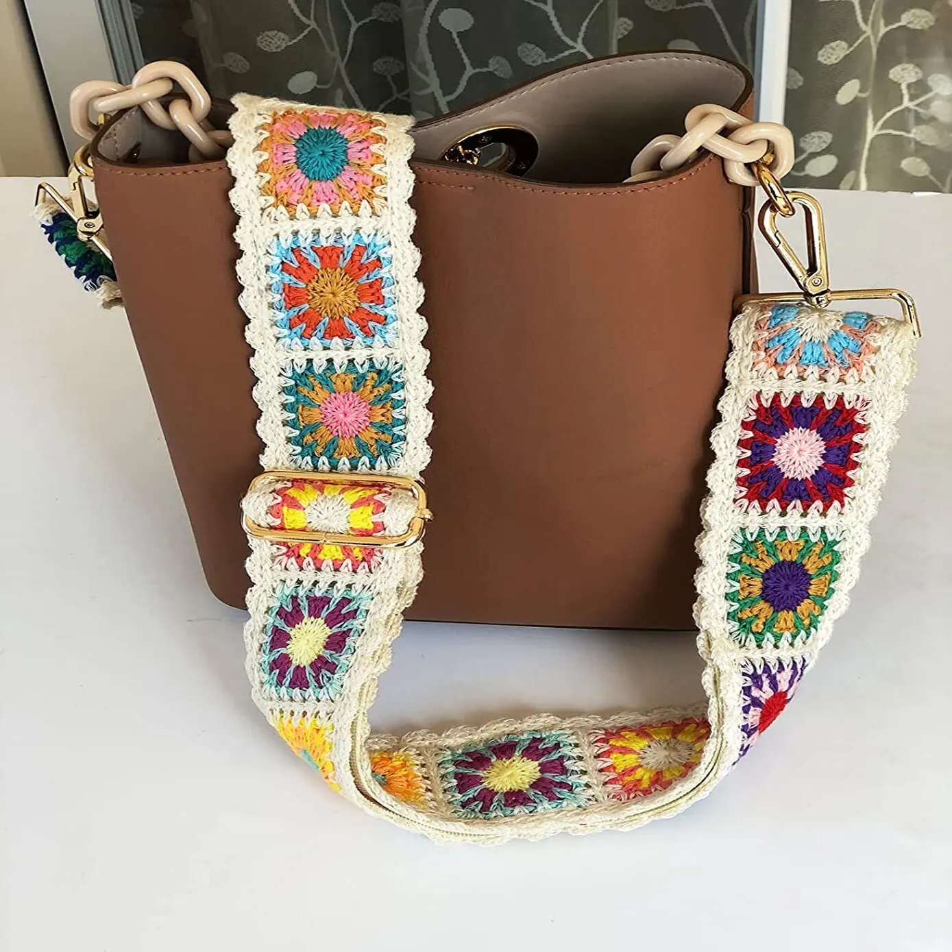 Fashion Crochet Flower Bag Strap Wide Adjustable Shoulder Bag Strap DIY Knitted Bag Accessories Ethnic Embroidery Purse Strap