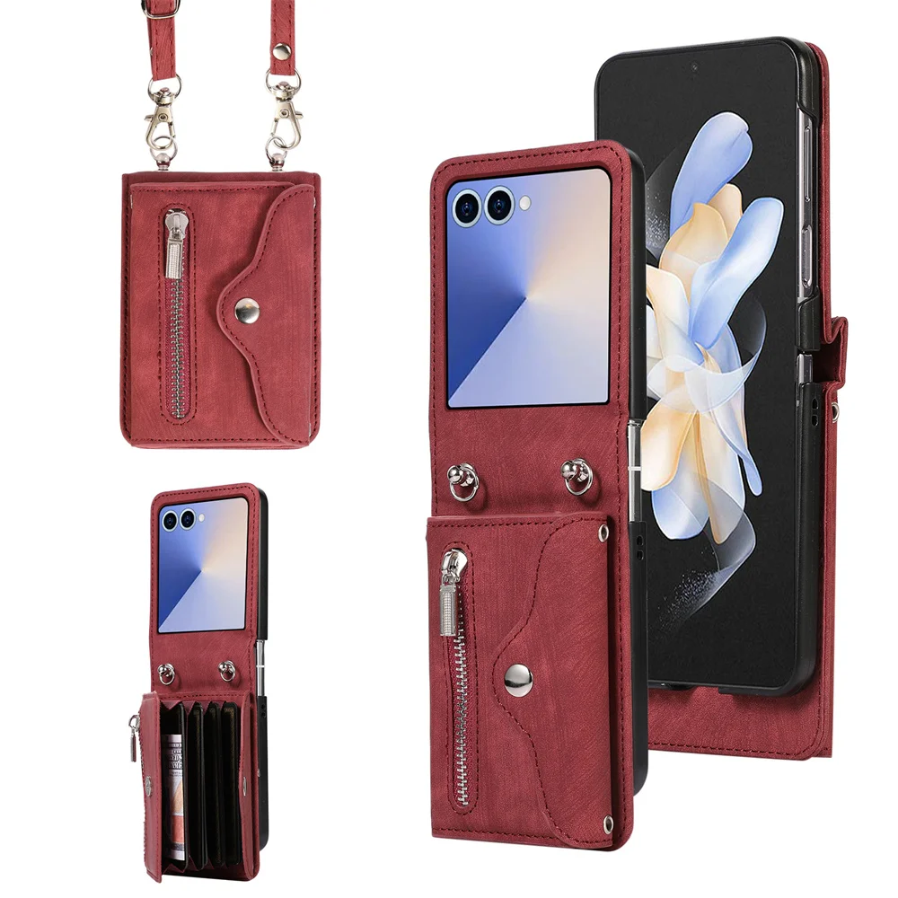 

Crossbody Zipper Wallet Leather Cards Solt Phone Case for Samsung Galaxy Z Flip 7 6 5 4 3 Flip7 FE Flip6 Flip5 Protective Cover