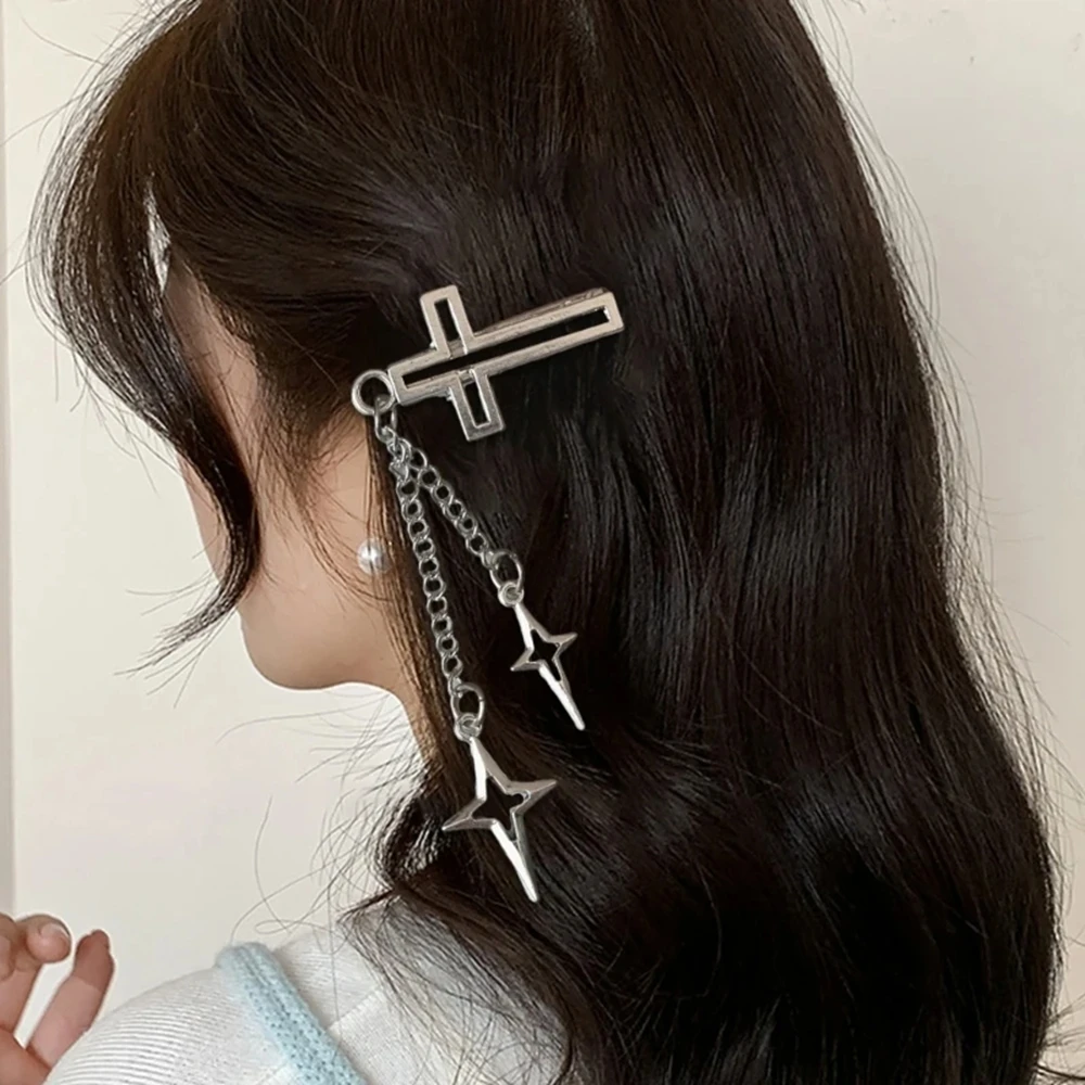 

2025 New Trend Punk Cool Hair Clip Metal Edge Clip Cross Star Chain Hair Clip One Word Clip Women's Side Clip Hair Accessories