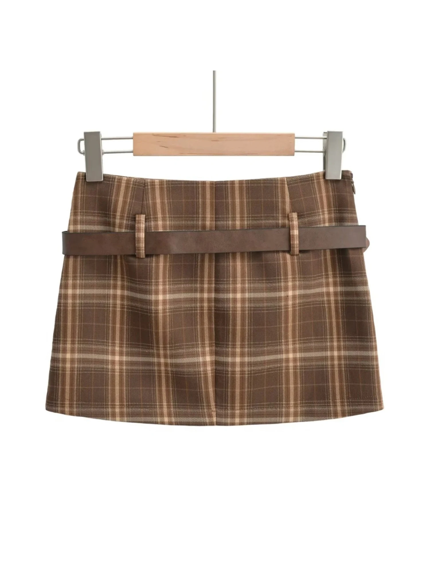 Women's Brown A-line Mini Skirt Vintage Plaid Skirt with Belt Harajuku Korean Style Y2k Short Skirts 2000s Clothes Spring Summer