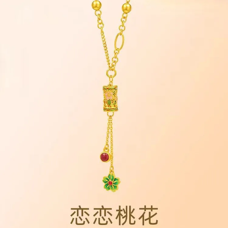 

9999 24K real gold antique gilded peach blossom necklace AB chain tassel hollowed out filigree burning collarbone chain