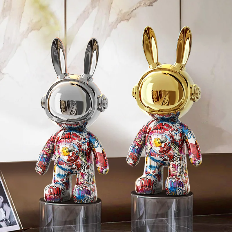 Nordic Cartoon Rabbit Statue Cartoon Robot Rabbit Sculpture Resin Desktop Figuriens Ornament Living Room Figurine Decoration