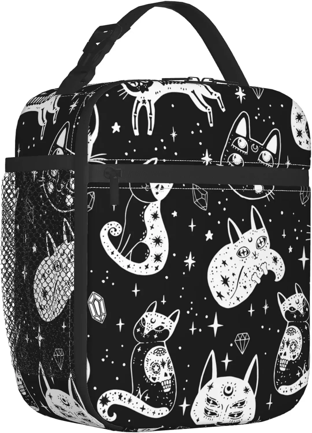 Men Women Halloween Gothic Witch Moon Cat Skull Black and White Lunch Bag Drinks Holder for Office Work Multi-Purpose