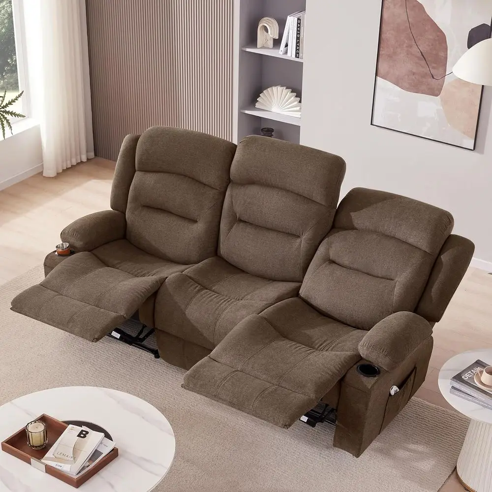 

Luxury 3-Seat Recliner Sofa with Massage, Heat, Cup Holders, and USB Port - Oversized Brown Fabric