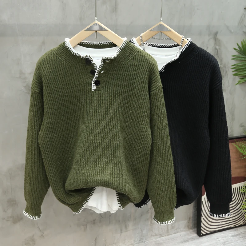 

Пуловер с американской вышивкой, свитер для мужчин, ретро контрастного цвета, вязаные топы, осенний повседневный модный свободный мужской вязаный топ