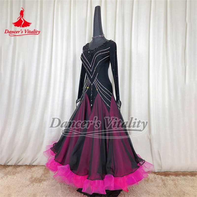 Ballroom Dance AB Stones Long Sleeves Competition Big Swing Dresses Included Necklace Luxurious Customize Waltz Foxtrot Clothing