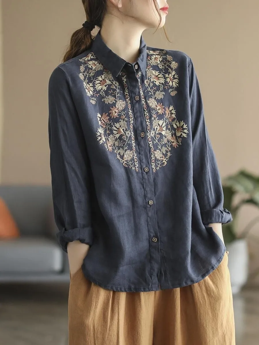 

Retro Ethnic Style Long Sleeve Embroidered Cotton Linen Shirt Loose Versatile Women's Shirt Stand Collar Summer New Arrival