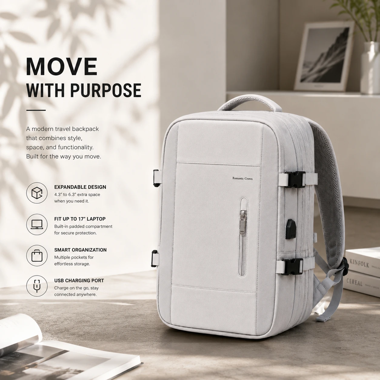 Light Grey Expandable Travel Backpack 15.6 Inch Laptop Bag 15-22L Large Capacity Business Bag USB Charging Port Anti Theft Hidden Pocket Luggage Strap Water Resistant Commuter Rucksack For Men Women Home Care Tool Kit Set Plus Pro Safe Fast Easy Daily