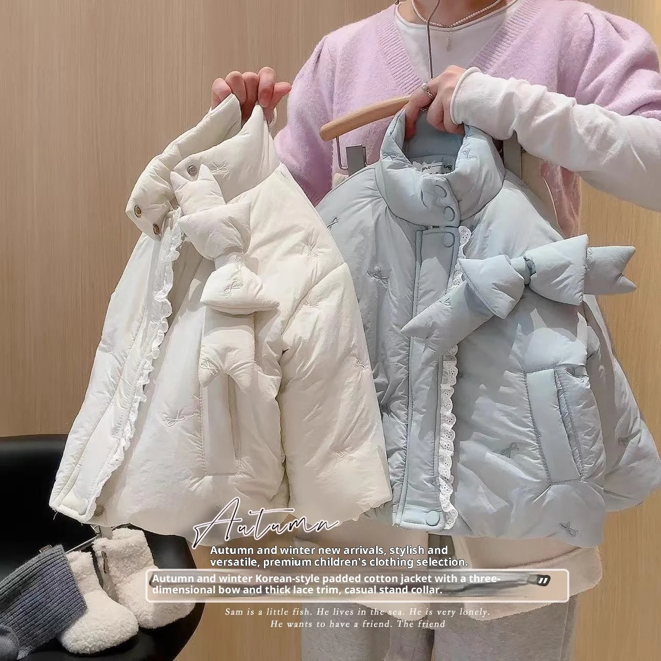 Autumn/Winter New Arrival Girls' Stand-Up Collar Cotton Coat Stylish Lace Trim  Quilted Lining and Thickened Bow Warmth