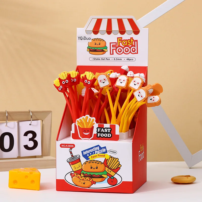 

48 шт. в коробке, креативная мягкая резиновая ручка для картофеля фри, пиццы, встряхивания музыки, нейтральная ручка, имитация еды, подарочная ручка, студенческий приз