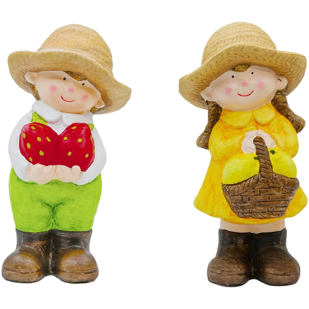 Keramic Garden Ornament Pair Showing Boy and Girl Holding Fruits for Front Porch Side Yard and Living Room Shelf