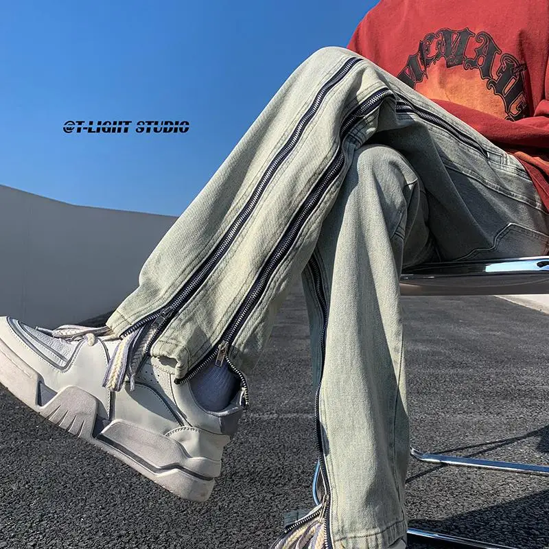 

Faionable Waed Denim Jeans Zipper High Street Vibe American Sle Autumn Wear Youthful Straight Tube Trousers for Teens