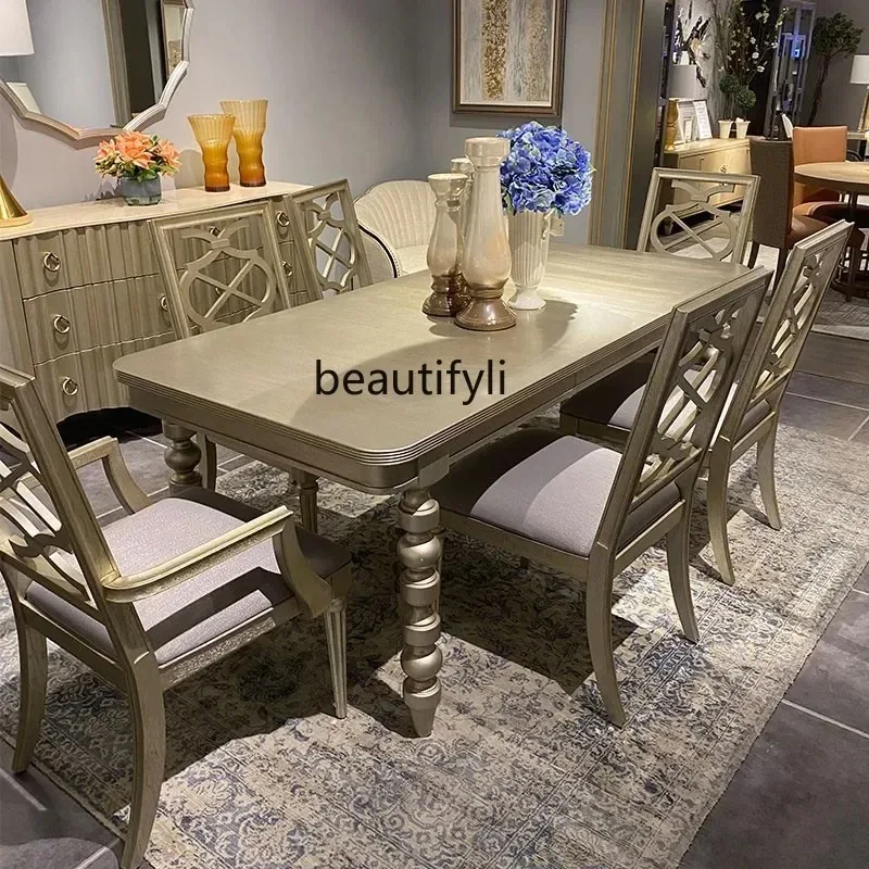 ay55 Light luxury solid wood dining table modern simple living room rectangular dining table champagne color, impression furnitu