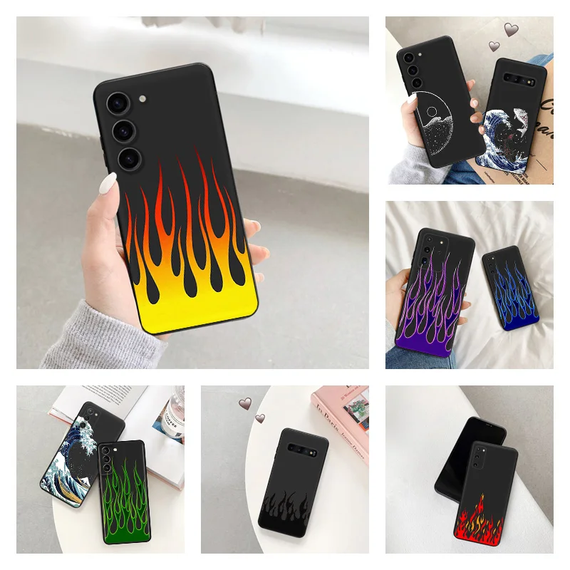 Phone Case for Samsung S24 Ultra S23 FE S22 S21 S20 S10 Blue Yellow Flame Sea wave Galaxy Note20 Plus Soft Black Silicone Cover