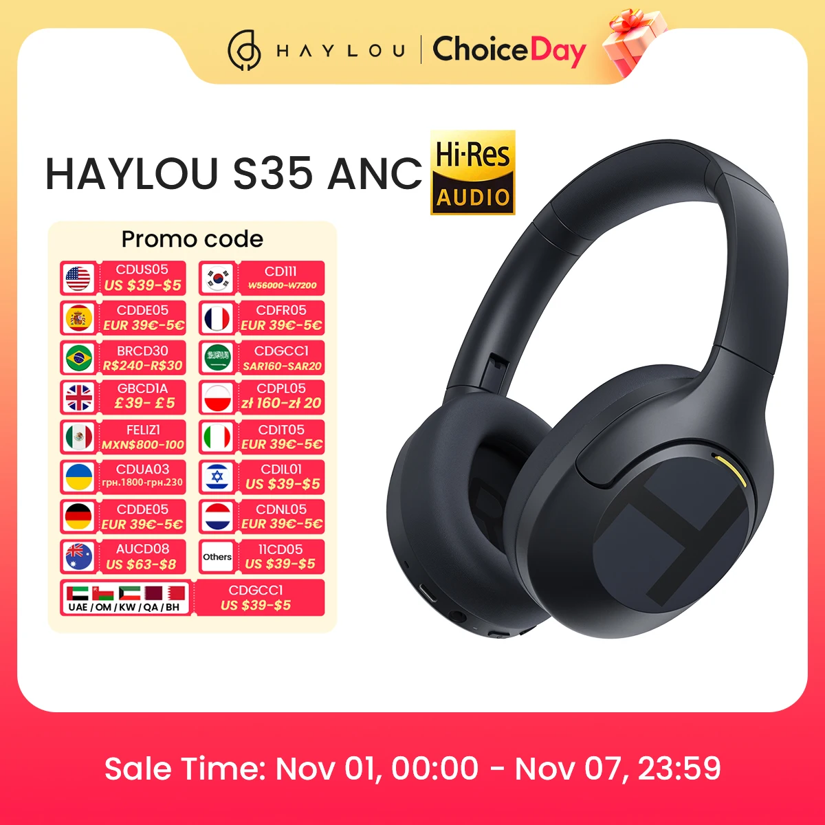 

HAYLOU S35 ANC Wireless Bluetooth 5.2 Headphones 42dB Over-ear Noise Cancellation Headsets 40mm Driver 60H Playtime Earphones