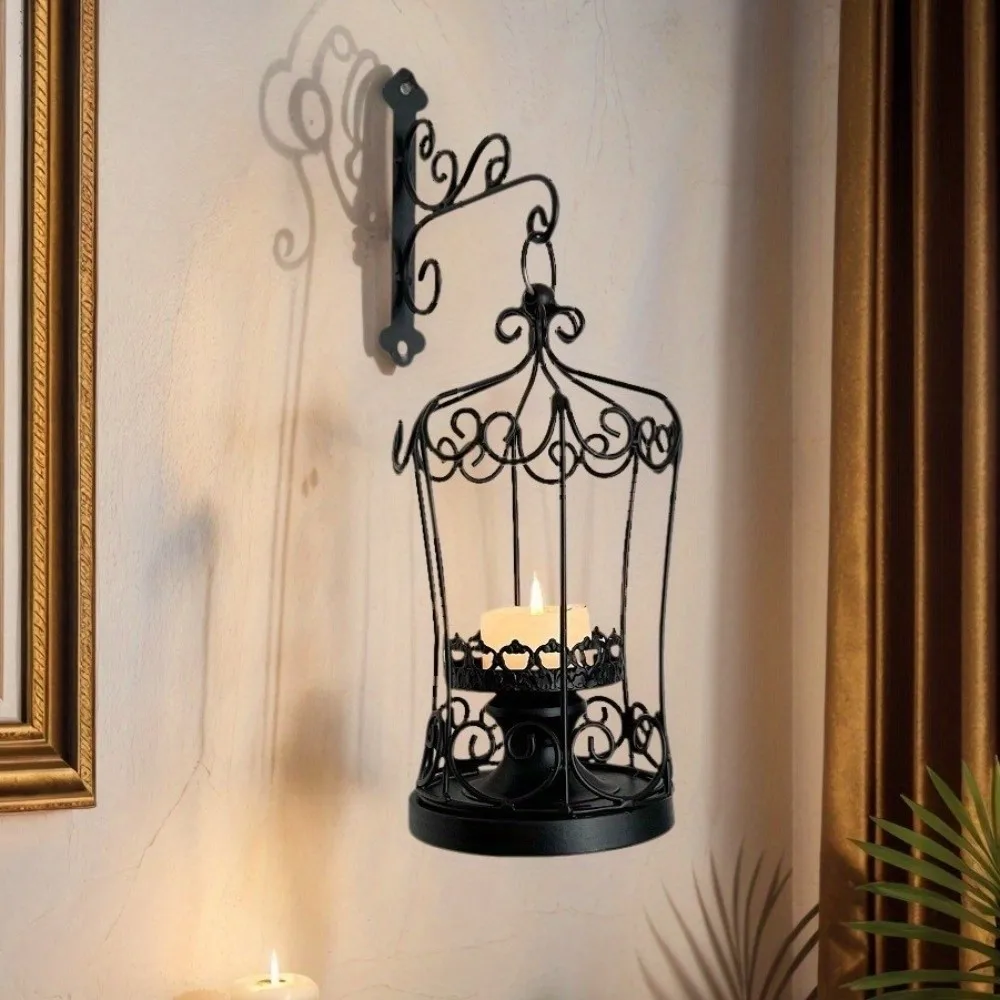 Retro Birdcage Shape Candle Holder European Style Rustic Wall-Mounted Candle Holders Hollow Out Iron Candle Holder Living Room