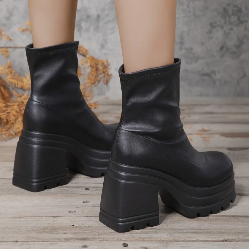 

Women Ankle Boots Fashion Platform Solid color Side Zippers Short Boots PU leather Elegant Square High Heel Women shoes tacones