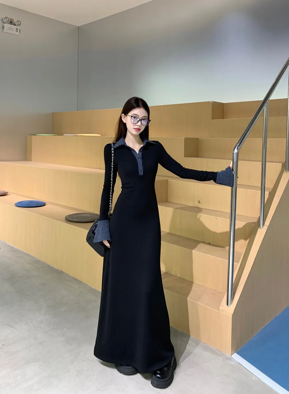 ドレス 長袖 レディースドレス アップリケ 冬 ベルベット レイヤード パネル付き 長袖 Hライン ミニマリストスタイル サーマル アーティスティック