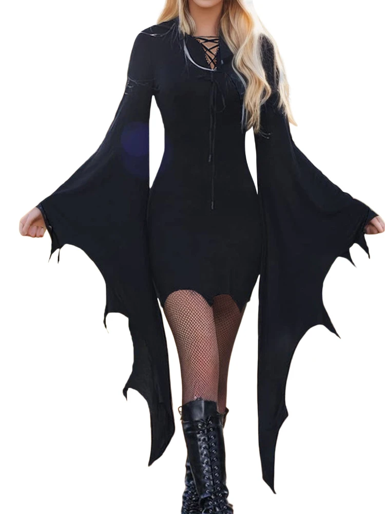 2025 أزياء الهالوين العتيقة للهالوين Jurk Heks Vampier التأثيرية أزياء القوطية Batwing Mouw Kleedt Middeleeuwse Vrouwelijke Partij