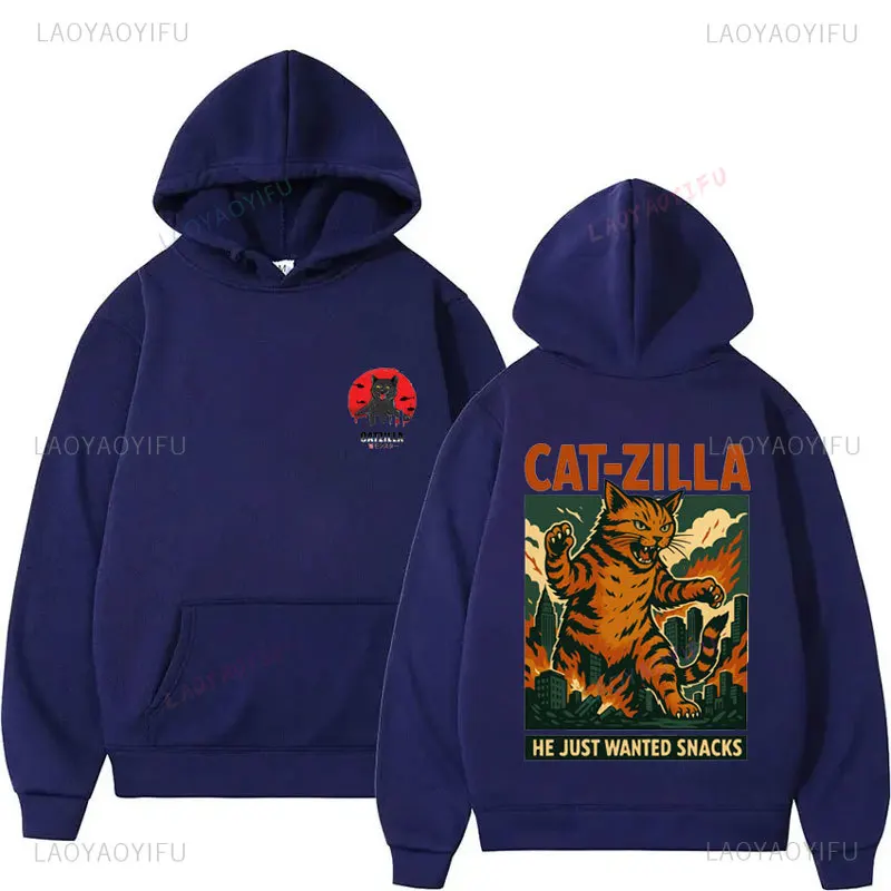 Arte japonés Catzilla gato divertido gato gráfico manga larga pulóver calle moda sudadera Otoño Invierno hombres mujeres Sudadera con capucha
