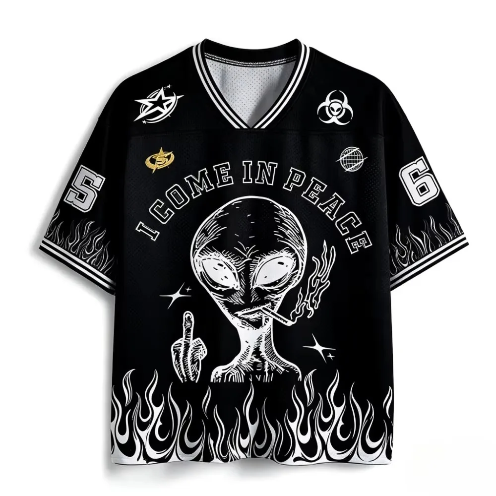 2026 New Men's Summer Breathable Mesh V-Neck T-Shirt With Alien Print Loose-Fit Jersey-Style Top For Everyday Casual Streetwear