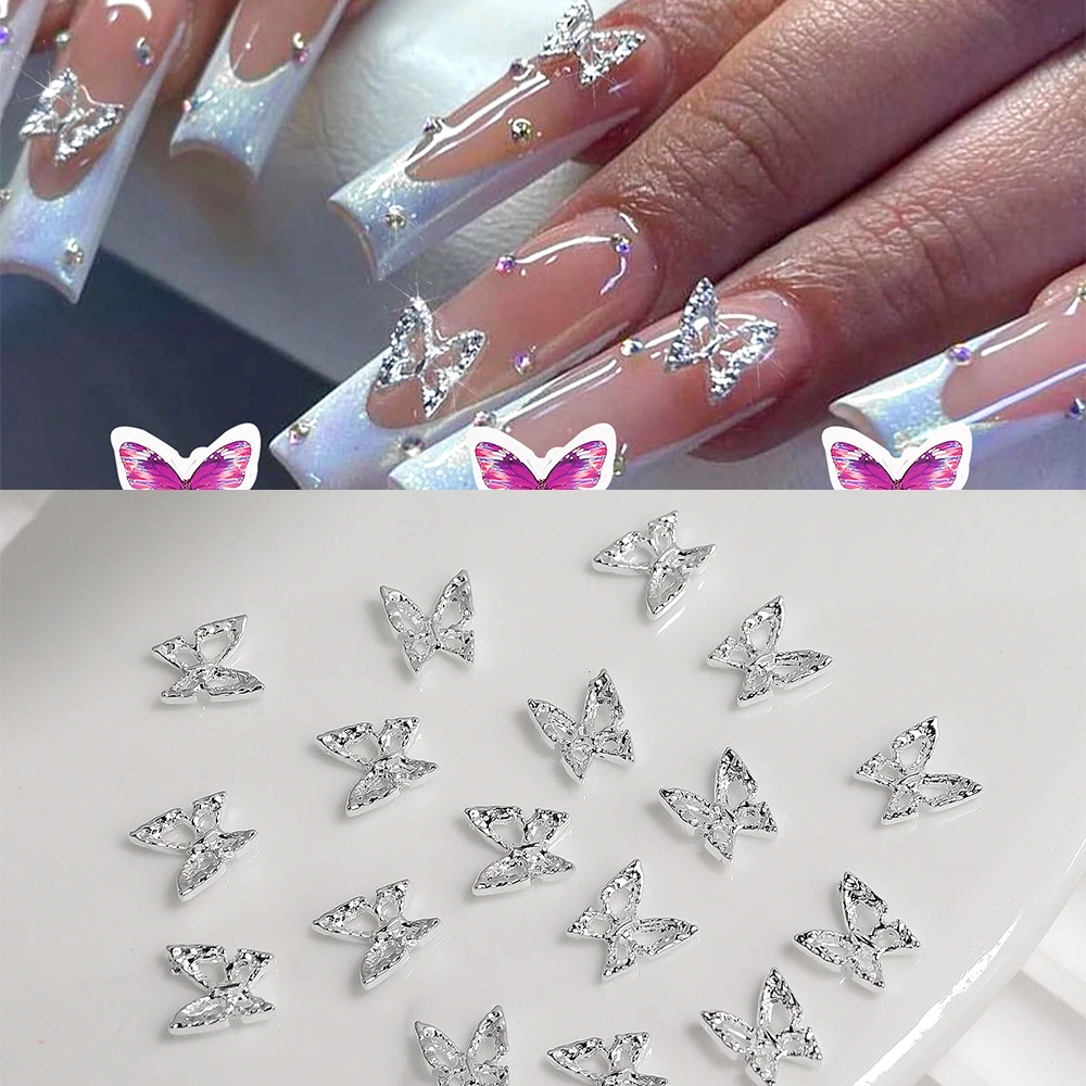 50/20/10pcs Silver Gold Alloy Butterfly Shape Nail Art Rhinestone Metal Fairy Butterfly Nail Charm Gems For 3D Nail Decoration