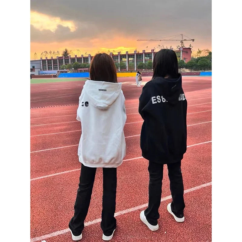 Branco fce forrado oversize hoodie feminino rua sle outono inverno thiened solto casal outerwear casual confortável