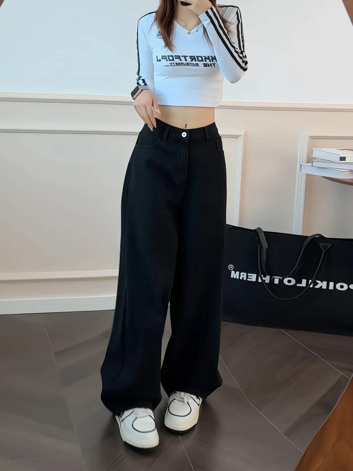 

Джинсы унисекс с высокой талией и широкими штанинами, осенние, свободные, струящиеся, прямые, стройнящие, с легким клешем, черные, из денима