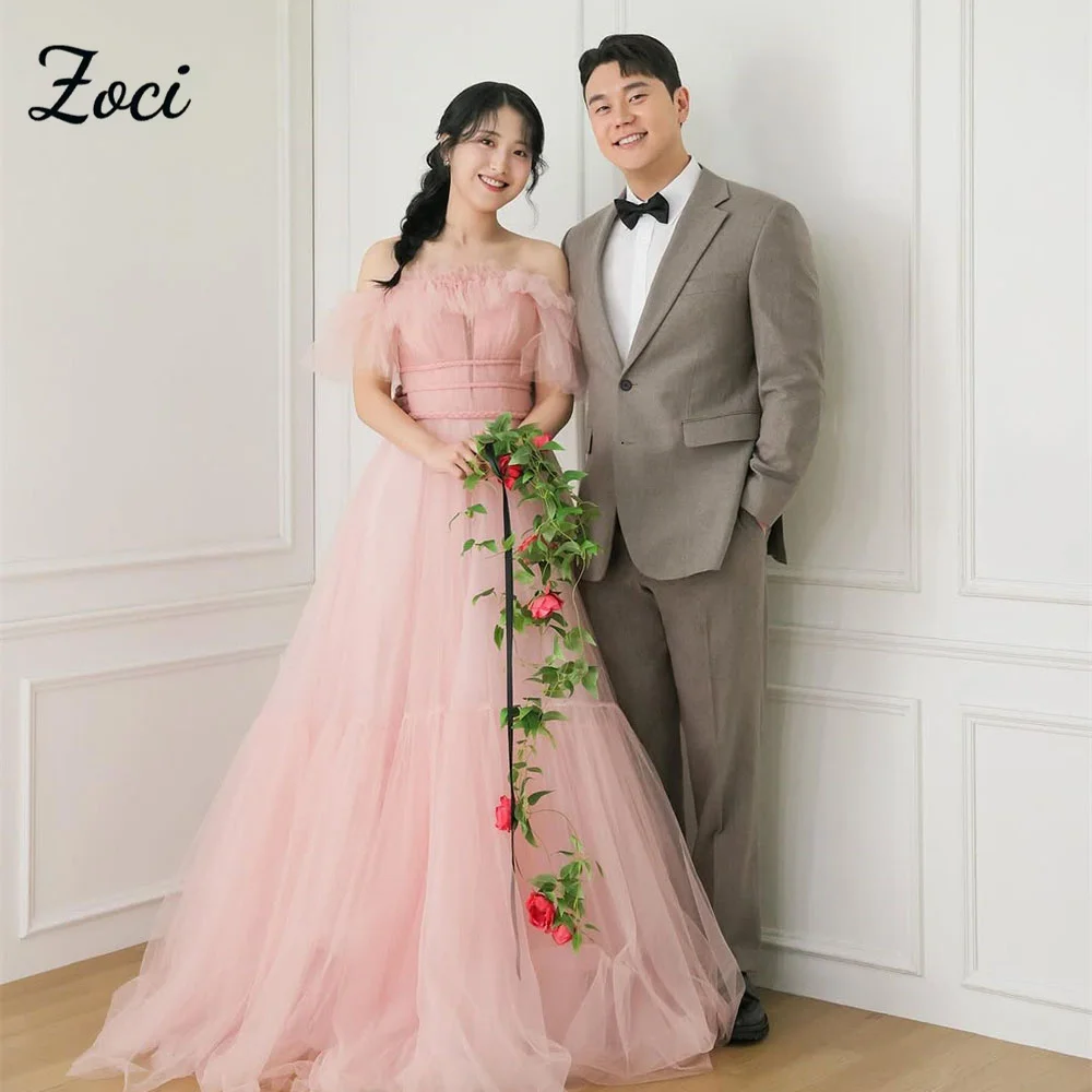 Zoci Sweetheart Light Pink Korea Wedding Dresses Soft Tulle Ruffles Customized Photos Shoot Dress A Line Bride Reception Dress